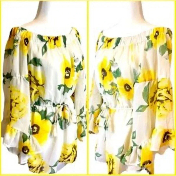 Hint of Blush Off Shoulder Romper 
Sunflower Ruff Bell Sleeve Size XL NWT Vaca - Picture 10 of 11